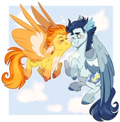 Size: 1124x1137 | Tagged: safe, artist:wanderingpegasus, derpibooru import, soarin', spitfire, pegasus, pony, blushing, chest fluff, colored wings, duo, duo male and female, eyes closed, female, kiss on the cheek, kissing, leg fluff, male, mare, shipping, soarinfire, stallion, straight, unshorn fetlocks, wing ears, wings