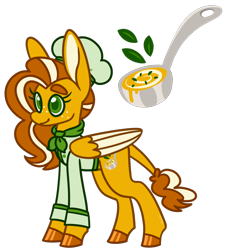 Size: 950x1050 | Tagged: safe, artist:missmagicalgirl, derpibooru import, oc, oc only, oc:butternut simmer, hybrid, mule, pony, chef outfit, chef's hat, colored hooves, colored wings, cutie mark, female, food, freckles, hat, ladle, pegamule, simple background, solo, soup, thick eyebrows, trans female, transgender, transparent background, wings