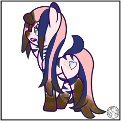 Size: 2000x2000 | Tagged: safe, artist:dice-warwick, derpibooru import, oc, oc only, oc:pecan harvester, hybrid, original species, pony, zony, fallout equestria, dirty, female, glowing, glowing eyes, hair over one eye, mud, muddy, simple background, solo, stripes, tail, transparent background, waste pony