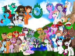 Size: 2160x1620 | Tagged: safe, artist:jesslmc16, derpibooru import, oc, oc:bajagryphon, oc:befish, oc:brittneigh ackermane, oc:brttney ackerman, oc:chocopony, oc:crescent script, oc:dawnfire, oc:earth pony creations, oc:fiaura the tank girl, oc:front page, oc:geeky, oc:gleamy, oc:haywaiian horse, oc:hibiscus stitch, oc:ink key studios, oc:keyframe, oc:lightning bliss, oc:luximus, oc:mad munchkin, oc:marina, oc:marina (efnw), oc:midnight premier, oc:mocha sunrise, oc:moozua, oc:novella, oc:oomles, oc:rabbitasaur, oc:red art palette, oc:rubiowolf, oc:saphypone, oc:sharp focus, oc:silver quill, oc:sophie scruggs, oc:taurson, oc:techy cutie, oc:twisted sketch, oc:waffles, alicorn, bat pony, earth pony, griffon, hippogriff, pegasus, unicorn, alicorn oc, bat pony oc, bowtie, colored, digital art, earth pony oc, everfree northwest, fanart, female, flying, goggles, griffon oc, group, group photo, hippogriff oc, horn, magic, magic aura, male, mare, pegasus oc, rainbow, smiling, stallion, transformers, unicorn oc, unicron, wings