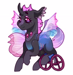 Size: 3000x3116 | Tagged: safe, artist:cocopudu, derpibooru import, oc, oc only, changeling, changeling oc, commission, disabled, pink changeling, simple background, smiling, solo, wheelchair, white background