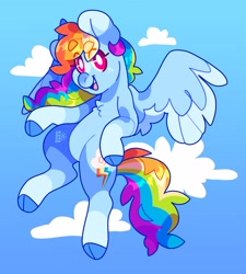 Size: 2500x2781 | Tagged: safe, artist:cocopudu, derpibooru import, rainbow dash, pegasus, pony, beanbrows, belly, chest fluff, cloven hooves, eye clipping through hair, eyebrows, female, flying, mare, open mouth, open smile, sky background, smiling, solo, spread wings, white pupils, wings