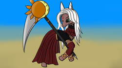 Size: 1920x1080 | Tagged: safe, artist:countderpy, derpibooru import, oc, oc only, earth pony, pony, clothes, dress, female, final fantasy, final fantasy xiv, gradient background, mare, moon, scythe, solo, sun, viera