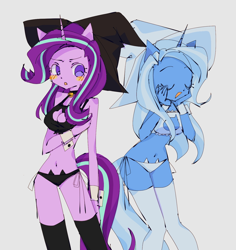 Size: 1270x1346 | Tagged: safe, artist:anek68sl, derpibooru import, starlight glimmer, trixie, anthro, unicorn, bell, bell collar, blushing, boob window, bra, breasts, cat lingerie, cleavage, clothes, collar, cuffs (clothes), eyes closed, female, hat, lesbian, lingerie, midriff, panties, shipping, startrix, stockings, thigh highs, underwear, witch hat