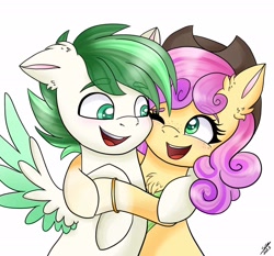 Size: 2048x1910 | Tagged: safe, artist:galaxy swirl, derpibooru import, oc, oc only, oc:dreamer skies, oc:quickdraw, earth pony, pegasus, chest fluff, cowboy hat, ears, earth pony oc, eyebrows, floppy ears, happy, hat, hug, looking at each other, looking at someone, one eye closed, pegasus oc, simple background, smiling, smiling at each other, white background