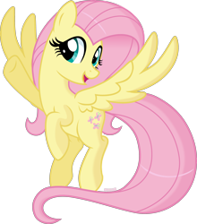 Size: 3000x3402 | Tagged: safe, artist:n0kkun, derpibooru import, fluttershy, pegasus, pony, aside glance, female, flying, head turn, high res, looking at you, mare, open mouth, open smile, raised hoof, raised leg, simple background, smiling, solo, spread wings, transparent background, vector, wings