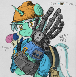 Size: 1321x1340 | Tagged: safe, artist:uteuk, derpibooru import, bon bon, lyra heartstrings, sweetie drops, earth pony, pony, unicorn, /mlp/ tf2 general, amputee, engineer, female, gunslinger (tf2), hat, killfeed, mare, prosthetic limb, prosthetics, sentry, spy, team fortress 2, text