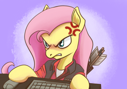 Size: 1500x1047 | Tagged: safe, derpibooru import, fluttershy, pegasus, pony, /mlp/ tf2 general, angry, arrow, computer mouse, cross-popping veins, emanata, female, fluttershy is not amused, frustrated, gaming, keyboard, mare, sniper, snipershy, team fortress 2, unamused