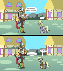 Size: 1920x2160 | Tagged: safe, artist:platinumdrop, derpibooru import, derpy hooves, dinky hooves, discord, draconequus, pegasus, pony, unicorn, 2 panel comic, antagonist, comic, commission, crying, cup, dialogue, drink, female, filly, finger snap, foal, food, inanimate tf, magic, mare, muffin, ponyville, prank, scared, smiling, smug, speech, speech bubble, talking, teacup, teapot, town, transformation, tray, wings