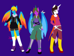 Size: 4128x3096 | Tagged: safe, artist:destiny_manticor, derpibooru import, oc, oc only, oc:destiny manticor, oc:mundestr, oc:pearl hono, alicorn, pegasus, pony, semi-anthro, unicorn, arm hooves, blue wings, claws, clothes, colored wings, digital art, female, fluffy hair, hand, horn, male, multicolored wings, old art, simple background, solo, wing claws, wings