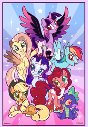 Size: 2184x3150 | Tagged: safe, artist:queerhorses, derpibooru import, applejack, fluttershy, pinkie pie, rainbow dash, rarity, spike, twilight sparkle, twilight sparkle (alicorn), alicorn, dragon, earth pony, pegasus, pony, unicorn, alternate design, coloring page, female, looking at you, male, mane seven, mane six, mare, smiling, smiling at you, spread wings, wings