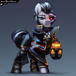 Size: 3000x3000 | Tagged: safe, artist:jedayskayvoker, derpibooru import, oc, oc:twilight ironclade, cyborg, earth pony, pony, amputee, boots, cape, clothes, earth pony oc, gradient background, lineless, looking at you, male, necktie, prosthetic eye, prosthetic limb, prosthetics, red eye, shirt, shoes, shorts, solo, stallion