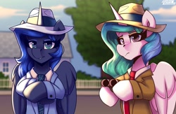 Size: 2300x1500 | Tagged: safe, artist:shadowreindeer, derpibooru import, princess celestia, princess luna, alicorn, pony, clothes, cosplay, costume, crossover, double barreled shotgun, duo, fedora, female, gun, hat, joe barbaro, mafia, mafia 2, mare, necktie, royal sisters, shirt, shotgun, siblings, sisters, spoilers for another series, suit, the implications are horrible, this will end in death, vito scalleta, weapon