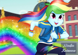 Size: 1754x1240 | Tagged: safe, artist:nadiakaizane, derpibooru import, rainbow dash, human, better together, equestria girls, run to break free, clothes, converse, cute, dashabetes, female, geode of super speed, hoodie, magical geodes, movie accurate, open mouth, open smile, pants, rainbow trail, shirt, shoes, signature, smiling, solo, t-shirt