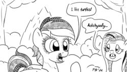 Size: 1200x675 | Tagged: safe, artist:pony-berserker, derpibooru import, fluttershy, rainbow dash, pegasus, pony, pony-berserker's twitter sketches, ackshyually, bucktooth, dialogue, duo, grayscale, i like turtles, meme, meme reference, monochrome, pony-berserker's twitter sketches (2023), simple background, speech bubble, white background