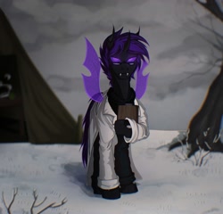 Size: 1998x1919 | Tagged: safe, artist:chevapchichi_, derpibooru import, oc, oc:tabmor, changeling, pony, changeling oc, clothes, fangs, glasses, lab coat, looking at you, male, purple changeling, purple eyes, scientist, snow, solo, stallion, tablet, tent, tree, winter