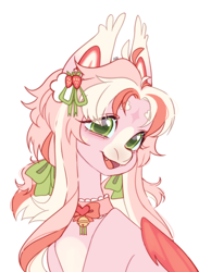 Size: 1748x2252 | Tagged: safe, artist:ruru_01, derpibooru import, oc, oc only, bat pony, pony, accessory, bow, bust, fangs, hair bow, looking at you, portrait, simple background, smiling, smiling at you, solo, white background