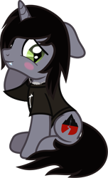 Size: 761x1255 | Tagged: safe, artist:lightningbolt, derpibooru exclusive, derpibooru import, pony, unicorn, .svg available, blushing, clothes, disguise, disguised siren, ears back, fangs, happy, horn, jewelry, kellin quinn, looking back, male, necklace, ponified, raised hoof, raised leg, shirt, show accurate, sitting, sleeping with sirens, slit eyes, smiling, solo, species swap, stallion, svg, t-shirt, vector