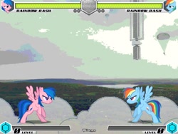 Size: 994x746 | Tagged: safe, artist:tom artista, derpibooru import, firefly, rainbow dash, human, pegasus, pony, fighting is magic, g1, beautiful, cloud, falling down, fan game, new, palette swap, parachute, recolor, self paradox, self ponidox, sky, stage, tower