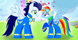 Size: 1980x1020 | Tagged: safe, artist:mlplary6, derpibooru import, rainbow dash, soarin', pegasus, pony, boyfriend and girlfriend, clothes, female, glasses, heart, looking at each other, looking at someone, love, male, mare, shipping, smiling, smiling at each other, soarindash, stallion, straight, uniform, wonderbolts, wonderbolts headquarters, wonderbolts uniform