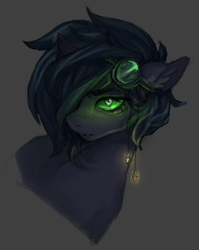 Size: 2800x3513 | Tagged: safe, artist:tendocake, derpibooru import, oc, oc:korroki, pony, bust, dark background, dark skin, ear fluff, ear piercing, earring, ears, fangs, glowing, glowing eyes, goggles, gray mane, green eyes, jewelry, piercing, portrait, serious, serious face, solo