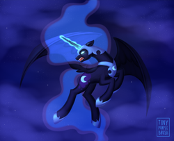 Size: 1280x1040 | Tagged: safe, artist:tinypurplebrush, derpibooru import, nightmare moon, alicorn, pony, angry, blue eyes, blue mane, blue tail, cloud, concave belly, digital art, ethereal mane, ethereal tail, fangs, female, flying, glowing, glowing eyes, glowing horn, helmet, hoof shoes, horn, logo, long horn, mare, night, open mouth, peytral, sky, solo, spread wings, starry mane, starry tail, stars, tail, teeth, wings