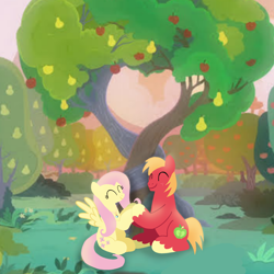 Size: 1400x1400 | Tagged: safe, artist:mlplary6, derpibooru import, big macintosh, fluttershy, earth pony, pegasus, pony, boyfriend and girlfriend, eyes closed, female, fluttermac, holding hooves, love, male, mare, romantic, shipping, sitting, smiling, stallion, straight, tree