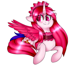 Size: 2800x2401 | Tagged: safe, artist:oniiponii, derpibooru import, oc, oc only, alicorn, pony, alicorn oc, choker, female, horn, lying down, mare, prone, simple background, smiling, solo, transparent background, wings