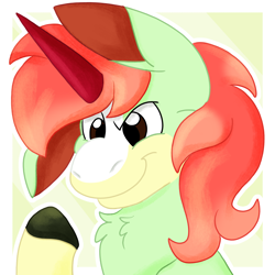 Size: 2000x2000 | Tagged: safe, artist:euspuche, derpibooru import, oc, oc:pistachio, donkey, hybrid, mule, unicorn, bust, looking down, male, portrait, smiling, thinking