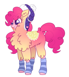 Size: 909x1021 | Tagged: safe, artist:unoriginai, derpibooru import, oc, oc only, alpaca, hybrid, pony, blanket, clothes, cute, hat, interspecies offspring, leg warmers, magical lesbian spawn, offspring, parent:paprika (tfh), parent:pinkie pie, parents:papinkie, socks, tongue, tongue out