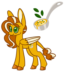 Size: 950x1050 | Tagged: safe, artist:missmagicalgirl, derpibooru import, oc, oc only, oc:butternut simmer, hybrid, mule, pony, colored hooves, colored wings, cutie mark, female, food, freckles, ladle, pegamule, simple background, solo, soup, thick eyebrows, trans female, transgender, transparent background, wings