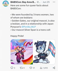 Size: 720x884 | Tagged: safe, derpibooru import, oc, oc:golden gates, oc:poniko, oc:silver span, babscon, convention, female, japan ponycon, lesbian, lesbian pride flag, male, mascot, meta, motorcycle, oc x oc, pride, pride flag, shipping, text, trans male, transgender, transgender pride flag, twitter