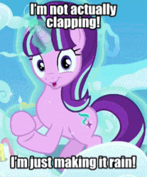 Size: 304x367 | Tagged: safe, edit, edited screencap, editor:undeadponysoldier, screencap, fluttershy, starlight glimmer, pony, unicorn, the cutie re-mark, 8^v, clapping, cloudsdale, cute, female, floating, glimmerbetes, glowing horn, happy, horn, levitation, looking at you, magic, make it rain, mare, meme, solo, starlight says bravo, talking to viewer, telekinesis
