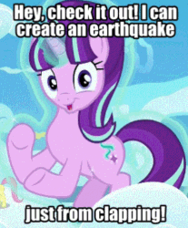 Size: 303x366 | Tagged: safe, edit, edited screencap, editor:undeadponysoldier, screencap, starlight glimmer, pony, unicorn, the cutie re-mark, 8^v, animated, cloudsdale, cute, earthquake, female, floating, gif, glimmerbetes, glowing horn, happy, horn, levitation, looking at you, magic, mare, meme, solo, starlight says bravo, talking to viewer, telekinesis, text, vibrating