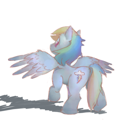 Size: 1076x1086 | Tagged: safe, artist:eugenekotss, twibooru import, rainbow dash, pegasus, pony, looking back, simple background, solo, white background