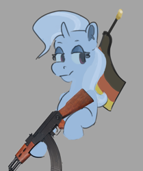 Size: 1449x1736 | Tagged: safe, artist:eugenekotss, ponerpics import, trixie, pony, unicorn, ak, ak-47, aside glance, assault rifle, female, german flag, gray background, gun, looking at you, rifle, sideways glance, simple background, solo, weapon