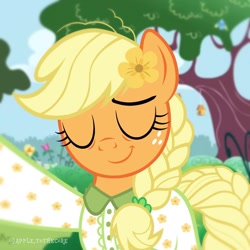 Size: 1080x1080 | Tagged: safe, artist:apple.tothecore, derpibooru import, applejack, bird, earth pony, pony, alternate clothes, alternate hairstyle, alternate tailstyle, bags under eyes, bird house, braid, bush, clothes, cloud, cute, eye wrinkles, eyes closed, female, flower, flower in hair, flying, freckles, grass, hair tie, hatless, jackabetes, mare, missing accessory, older, older applejack, outdoors, selfie, sky, smiling, solo, tail, tree