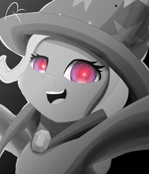Size: 3080x3580 | Tagged: safe, artist:reinbou, derpibooru exclusive, derpibooru import, trixie, pony, unicorn, black background, cape, clothes, female, hat, high res, limited palette, looking at you, manga style, mare, simple background, smiling, smiling at you, solo, trixie's cape, trixie's hat