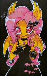 Size: 1515x2436 | Tagged: dead source, safe, artist:hiuve, derpibooru import, fluttershy, anthro, bat pony, bat ponified, choker, clothes, colored pupils, dress, fangs, female, fingerless gloves, flutterbat, gloves, hair accessory, race swap, solo, traditional art