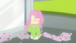 Size: 640x360 | Tagged: safe, derpibooru import, screencap, fluttershy, butterfly, human, equestria girls, equestria girls (movie), boots, canterlot high, crying, cute, flyer, shoes, solo, statue