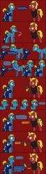 Size: 792x2949 | Tagged: safe, artist:j-yoshi64, derpibooru import, oc, oc only, oc:firebrand, earth pony, human, hybrid, pony, unicorn, comic:taking a self-insert too seriously, analysis bronies, blonde, blonde hair, blue coat, comic, dialogue, facehoof, green mane, gun, human in equestria, levitation, magic, male, phone, ponified, red coat, reference to another series, rifle, self insert, species swap, speech bubble, stallion, telekinesis, text, weapon, yoshi