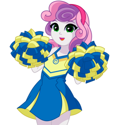 Size: 1222x1271 | Tagged: safe, artist:rosemile mulberry, derpibooru import, sweetie belle, human, equestria girls, cheerleader, cheerleader outfit, clothes, cute, diasweetes, dress, female, looking at you, open mouth, pom pom, simple background, skirt, solo, updated design, white background