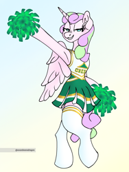 Size: 2250x3000 | Tagged: safe, artist:fizzyponi, artist:soundwavedragon, derpibooru import, oc, oc only, oc:fizzy sprinkles, alicorn, pony, bipedal, cheerleader, cheerleader outfit, clothes, digital art, eyelashes, feminine stallion, folded wings, girly, gradient background, horn, long mane, male, multicolored hair, pom pom, raised hoof, raised leg, skirt, socks, solo, tail, wings