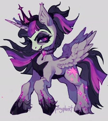 Size: 1825x2048 | Tagged: safe, artist:p0nyplanet, derpibooru import, twilight sparkle, twilight sparkle (alicorn), alicorn, pony, undead, vampire, vampony, crown, ear fluff, ears, female, gray background, jewelry, mare, necklace, peytral, regalia, simple background, solo, spread wings, wings