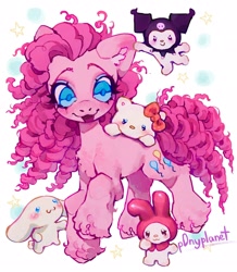 Size: 1782x2048 | Tagged: safe, artist:p0nyplanet, derpibooru import, pinkie pie, earth pony, pony, cinnamoroll, crossover, ear fluff, ears, female, hello kitty, kuromi, looking down, mare, my melody, sanrio, signature, simple background, smiling, unshorn fetlocks, white background