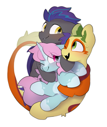 Size: 3035x3589 | Tagged: safe, artist:mochi_nation, derpibooru import, oc, oc only, oc:helios aster, oc:non toxic, oc:scoops, bat pony, monster pony, original species, pony, tatzlpony, unicorn, blushing, cuddle puddle, cuddling, cute, fangs, female, male, mare, pony pile, simple background, stallion, white background