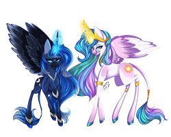 Size: 5000x4000 | Tagged: safe, artist:dipstickowo, derpibooru import, princess celestia, princess luna, alicorn, pony, absurd resolution, big ears, blue eyes, blue mane, blue tail, colored hooves, colored pupils, concave belly, crown, dark mask (facial marking), digital art, duo, duo female, ears, eyeshadow, feather, female, freckles, glasses, glowing, glowing horn, hooves, horn, jewelry, leonine tail, lidded eyes, long horn, looking at you, magic, makeup, mare, pink eyes, raised hoof, raised leg, regalia, round glasses, royal sisters, siblings, signature, simple background, sisters, slim, spread wings, standing, tail, thin, thin legs, transparent background, walking, wings