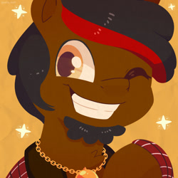 Size: 750x750 | Tagged: safe, artist:talim_stuff, derpibooru import, oc, oc only, earth pony, pony, beard, bust, facial hair, grin, jewelry, looking at you, male, necklace, one eye closed, simple background, smiling, smiling at you, solo, sparkles, stallion, wink, winking at you, yellow background