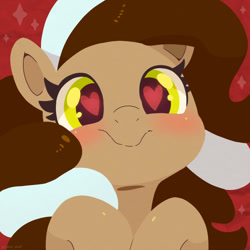 Size: 750x750 | Tagged: safe, artist:talim_stuff, derpibooru import, oc, oc only, earth pony, pony, blushing, bust, female, heart, heart eyes, looking at you, mare, red background, simple background, smiling, smiling at you, solo, wingding eyes