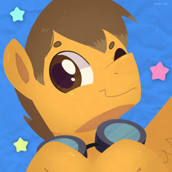 Size: 750x750 | Tagged: safe, artist:talim_stuff, derpibooru import, oc, oc only, pegasus, pony, blue background, bust, goggles, goggles around neck, looking at you, male, one eye closed, simple background, smiling, smiling at you, solo, stallion, wink, winking at you